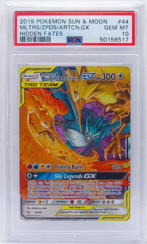 PSA 10 GEM MINT - Moltres & Zapdos & Articuno GX Pokemon • Ultra Rare • 44/68